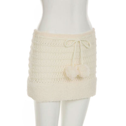 Hollow out drawstring fluffy self tie solid cut out mini skirt