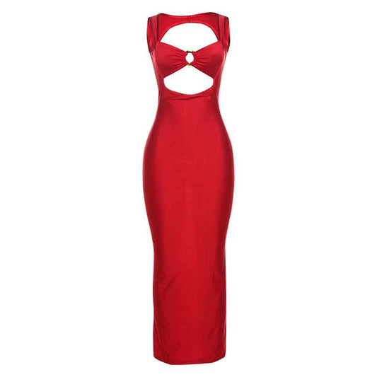 Hollow out o ring v neck backless cut out maxi dress