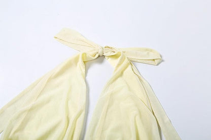 Halter ruched deep v neck high slit mesh maxi skirt set-final-sale