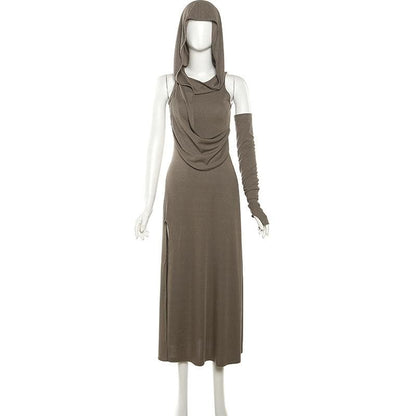 Hooded Ruched Diagonal Drape Detached Sleeve Slit Maxi Dress