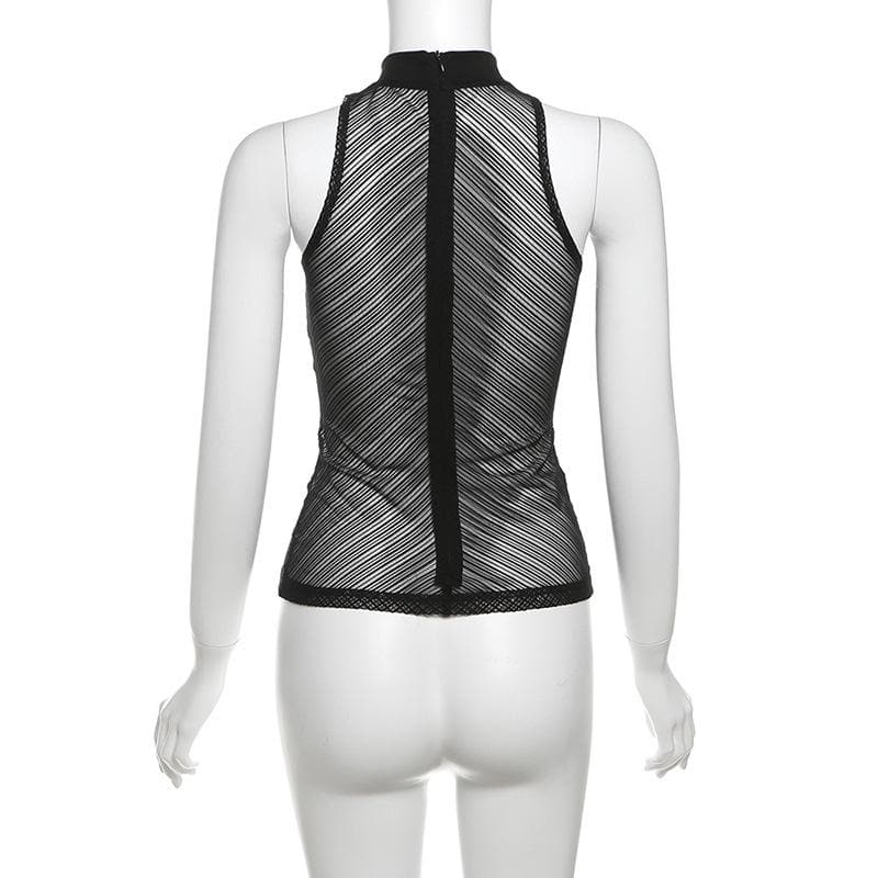 High neck ruched hollow out mesh zip-up tank cut out top