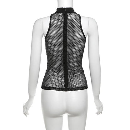 High neck ruched hollow out mesh zip-up tank cut out top