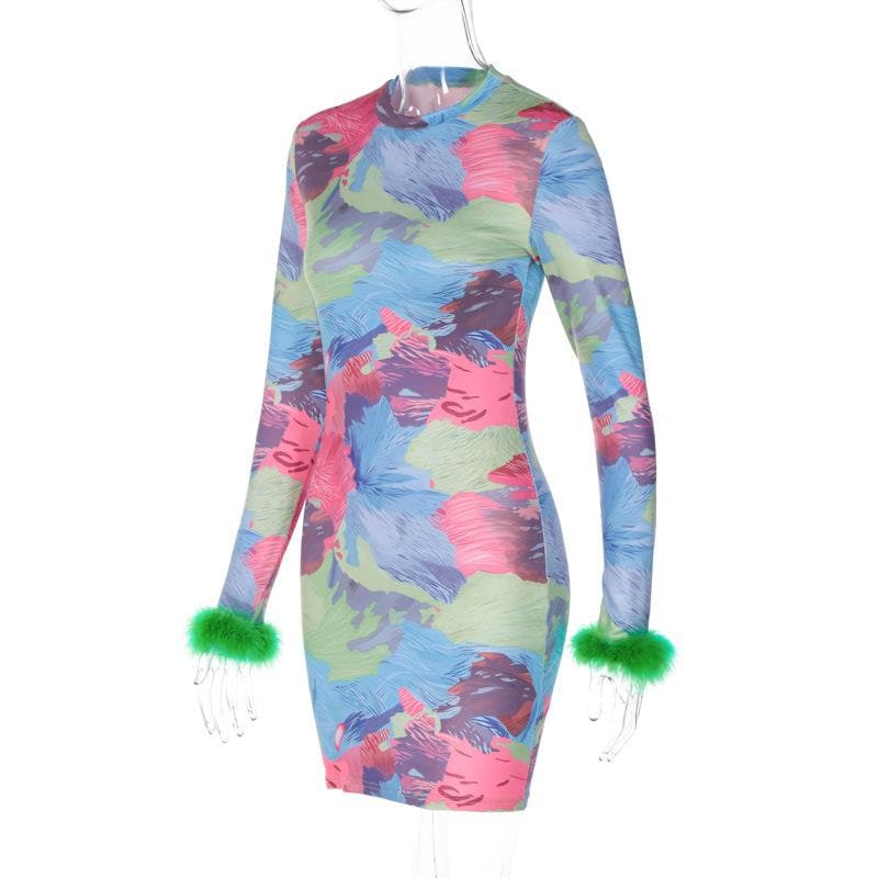 Feather crewneck contrast print long sleeve mini dress