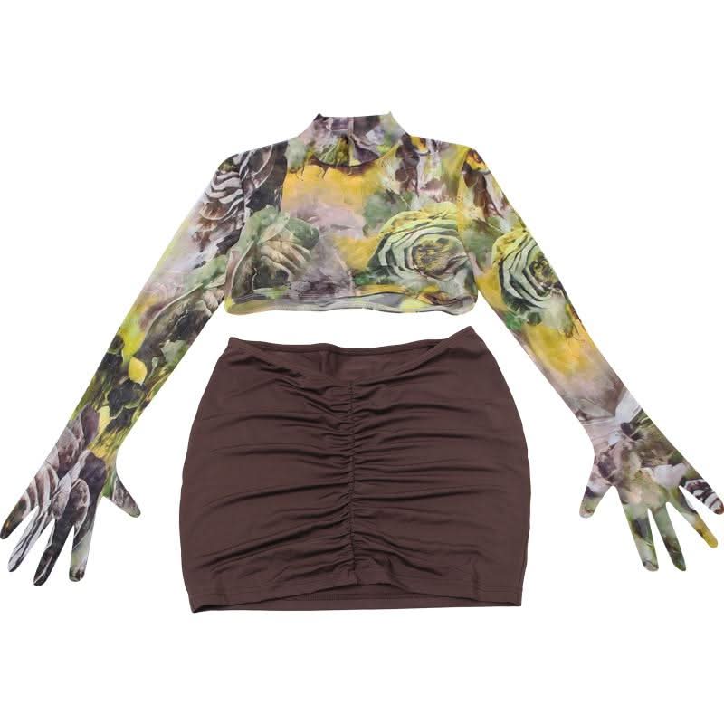 High neck long sleeve flower print crop mini skirt set