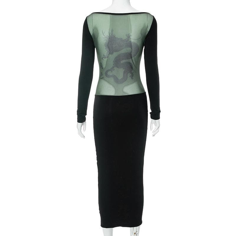 Long Sleeve Dragon Graphic Contrast Back Panel Bodycon Maxi Dress