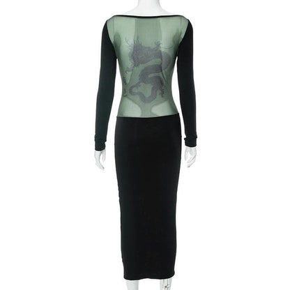 Long Sleeve Dragon Graphic Contrast Back Panel Bodycon Maxi Dress