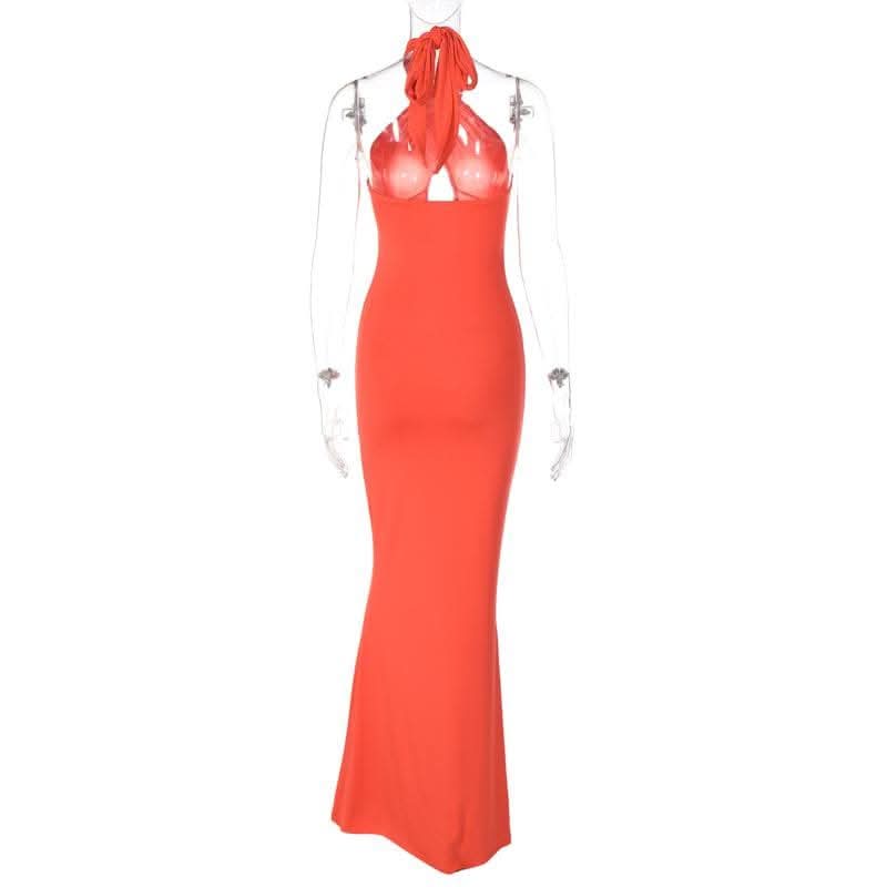 Cross front solid hollow out halter backless 2-way cut out maxi dress-final-sale