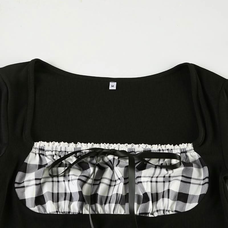 Long sleeve square neck plaid self tie top