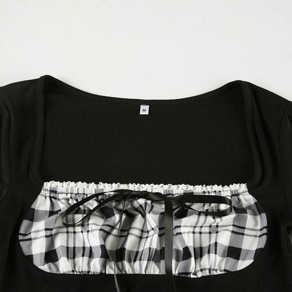 Long sleeve square neck plaid self tie top