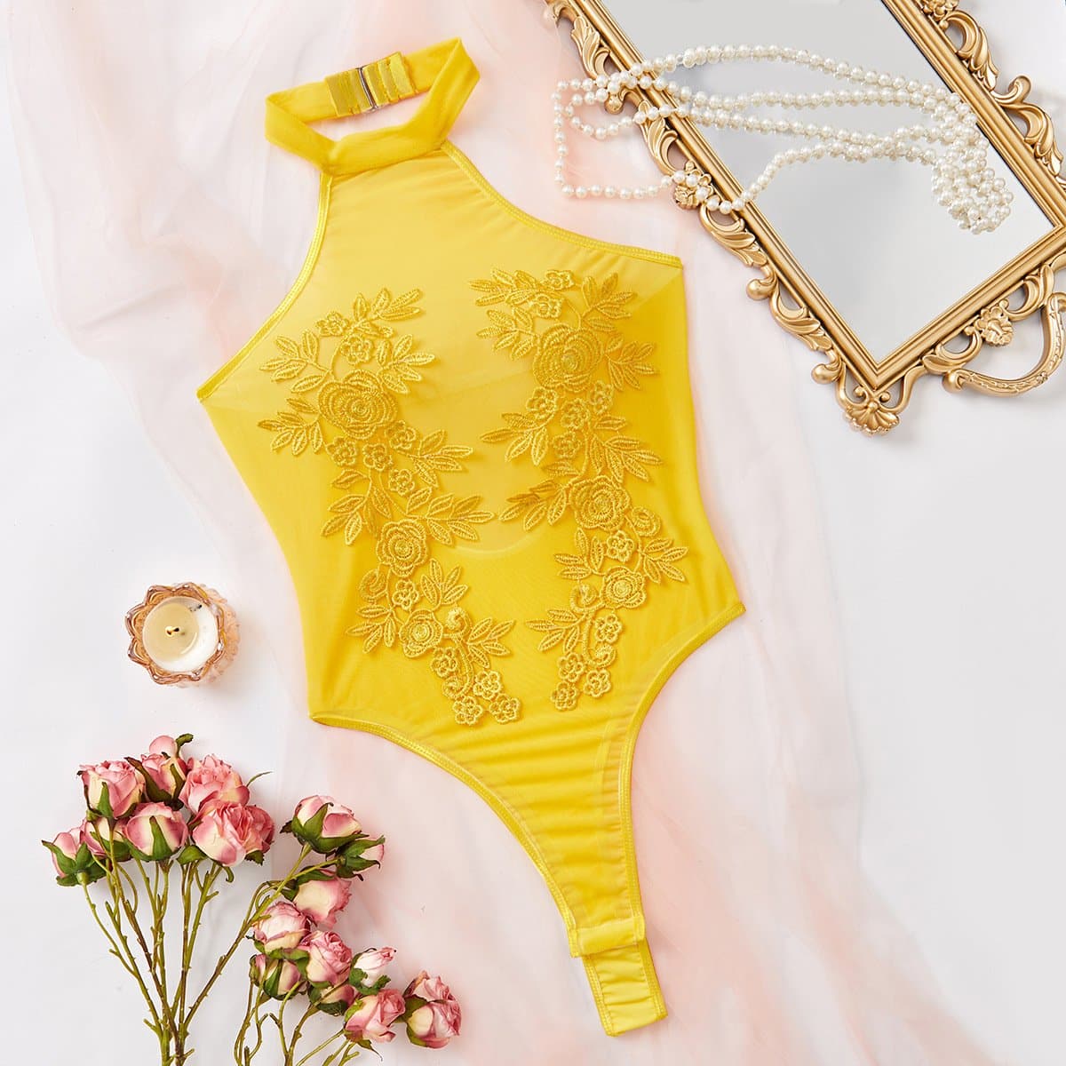 Halter embroidery sheer mesh see through bodysuit