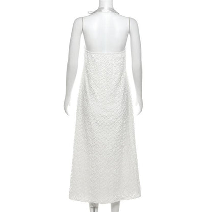 Halter bowknot button flower pattern slit midi dress