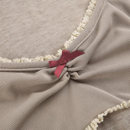 Long sleeve halter bowknot lace hem top