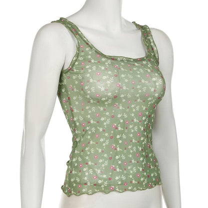 Square neck ruffle sheer mesh flower print tan tank top