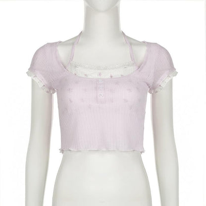 Halter textured print ruffle crop top