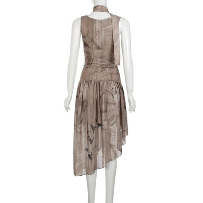 Sleeveless cowl neck print irregular ruched midi dress