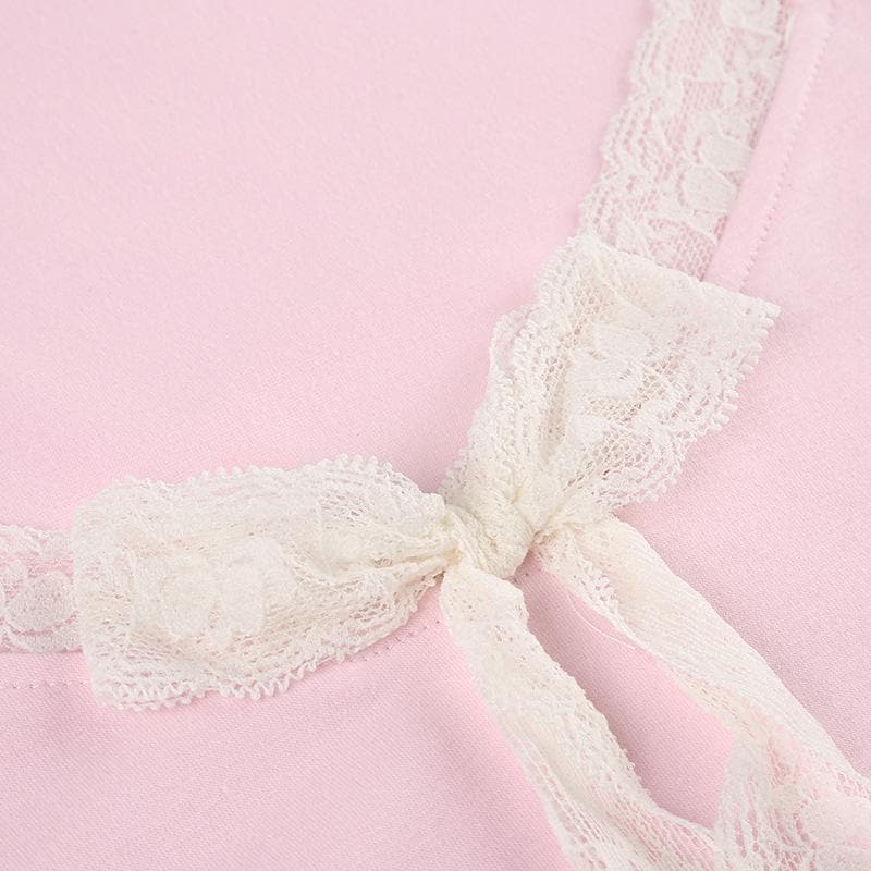 Short sleeve u neck bowknot lace hem top
