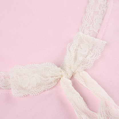 Short sleeve u neck bowknot lace hem top