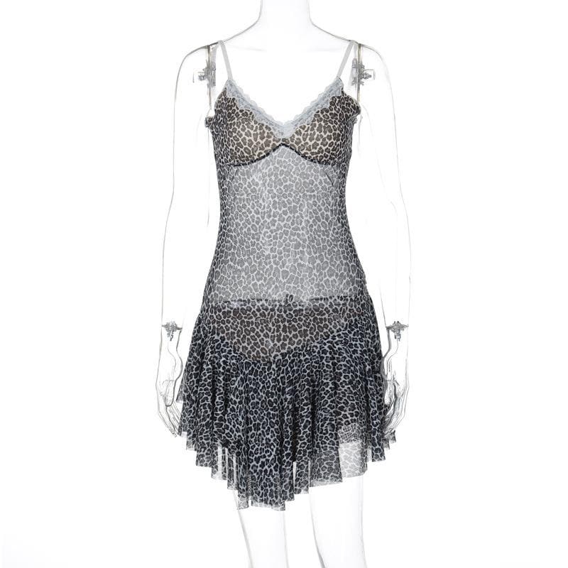 Leopard print lace hem mesh v neck cami mini dress