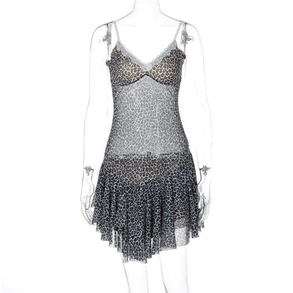 Leopard print lace hem mesh v neck cami mini dress