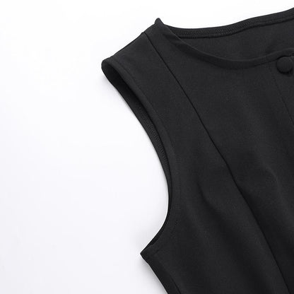 Button crewneck solid o ring tank mini dress