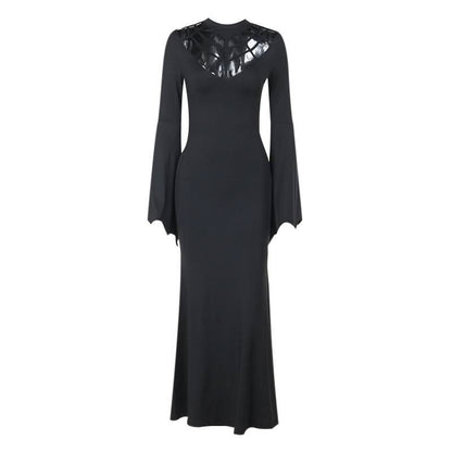 Long flared sleeve hollow out crewneck cut out maxi dress