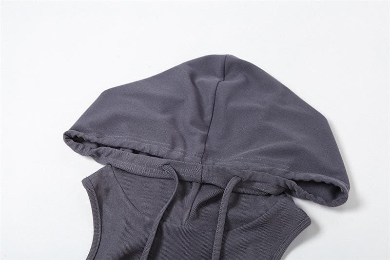 Hooded Mock Neck Eyelet Belt Ruched Side Mini Dress