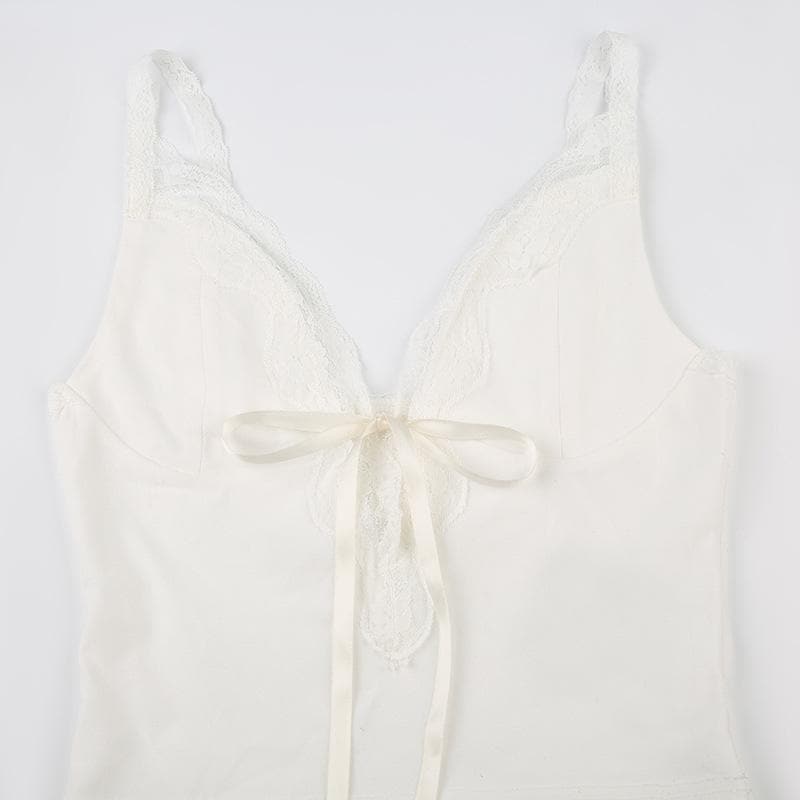 Bowknot ribbon lace hem backless solid cami top