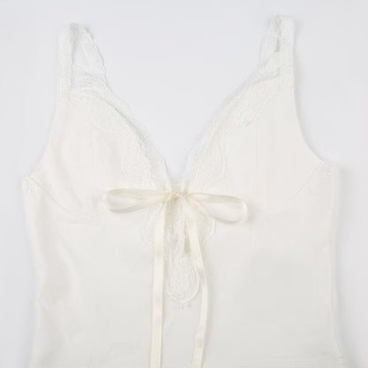 Bowknot ribbon lace hem backless solid cami top