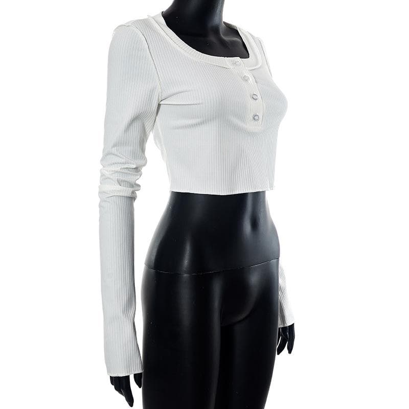 Button ribbed stitch long sleeve solid crop top