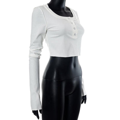 Button ribbed stitch long sleeve solid crop top
