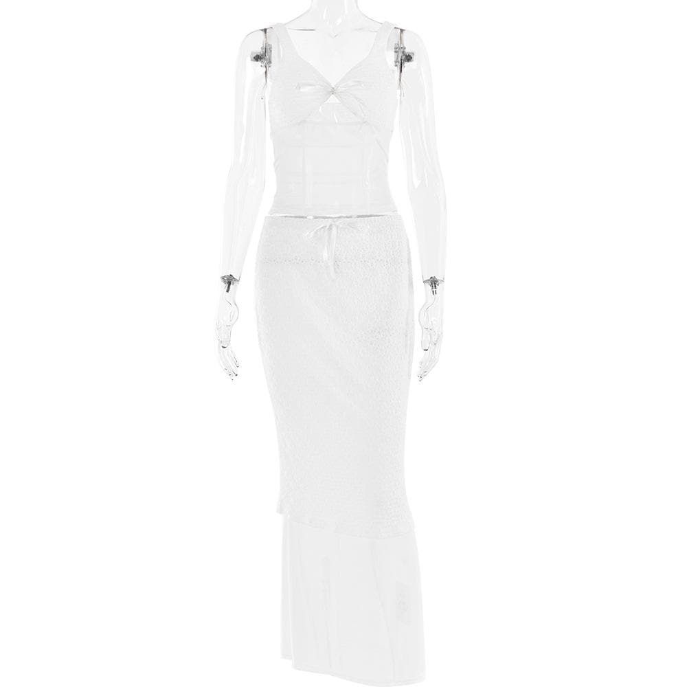 Lace v neck sleeveless hollow out solid patchwork maxi skirt set