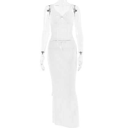 Lace v neck sleeveless hollow out solid patchwork maxi skirt set