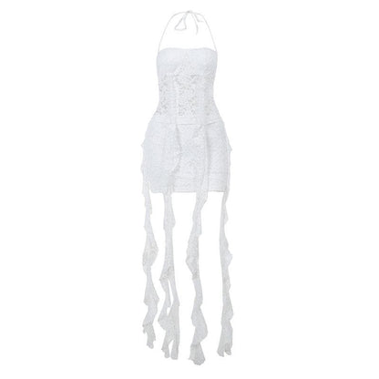Lace ribbon hollow out solid ruffle halter backless mini skirt set