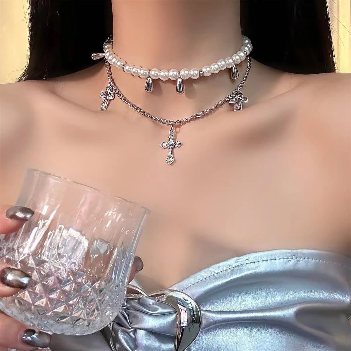 Faux pearl cross rose 3 pcs necklace