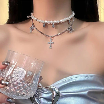 Faux pearl cross rose 3 pcs necklace