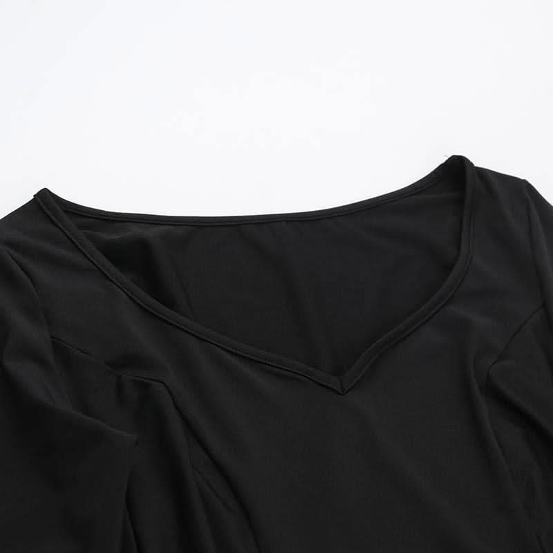 Ruched long flared sleeve v neck solid mini dress