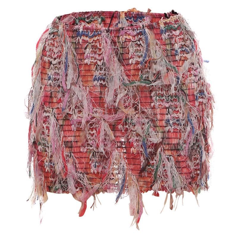 Tassels hollow out see through contrast cut out mini skirt