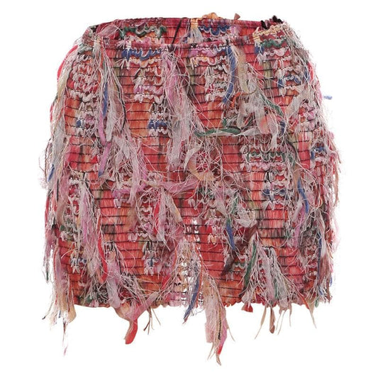 Tassels hollow out see through contrast cut out mini skirt