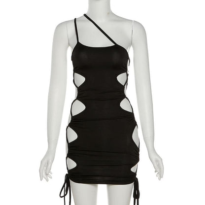 One Shoulder Asymmetric Strap Oval Side Cutout Lace Up Drawstring Mini Dress