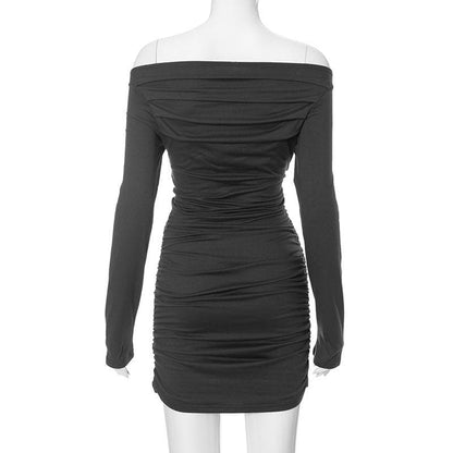 Asymmetric Off Shoulder Long Sleeve Ruched Bodycon Mini Dress