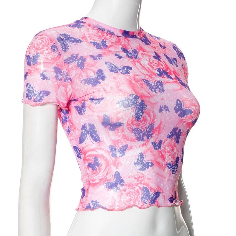 Short sleeve butterfly print sheer mesh crewneck ruffle top