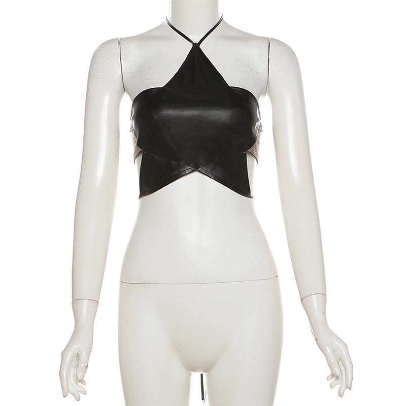 Halter PU leather star pattern backless crop top