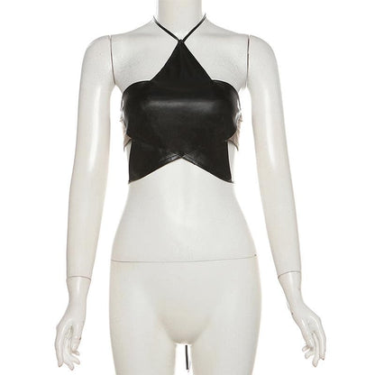 Halter PU leather star pattern backless crop top