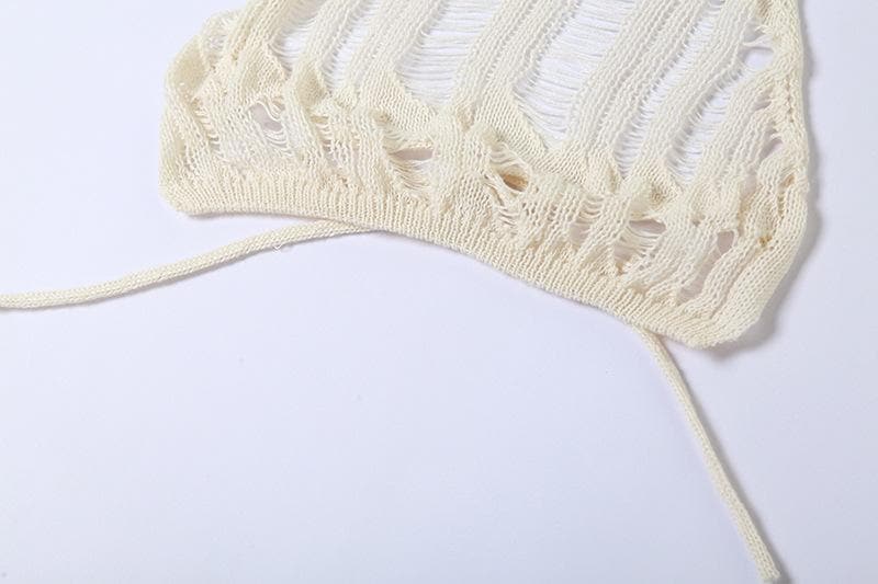 Crochet solid halter self tie see through slit midi skirt set-final-sale