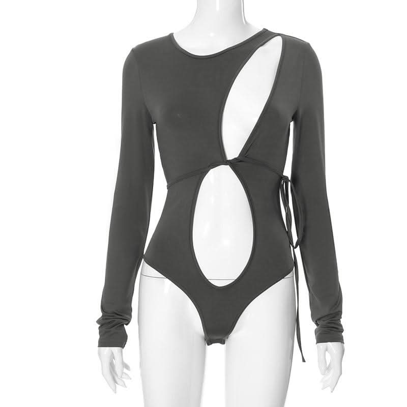 Hollow out long sleeve irregular self tie button bodysuit