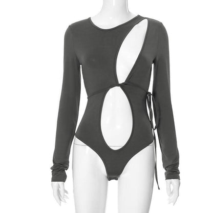 Hollow out long sleeve irregular self tie button bodysuit