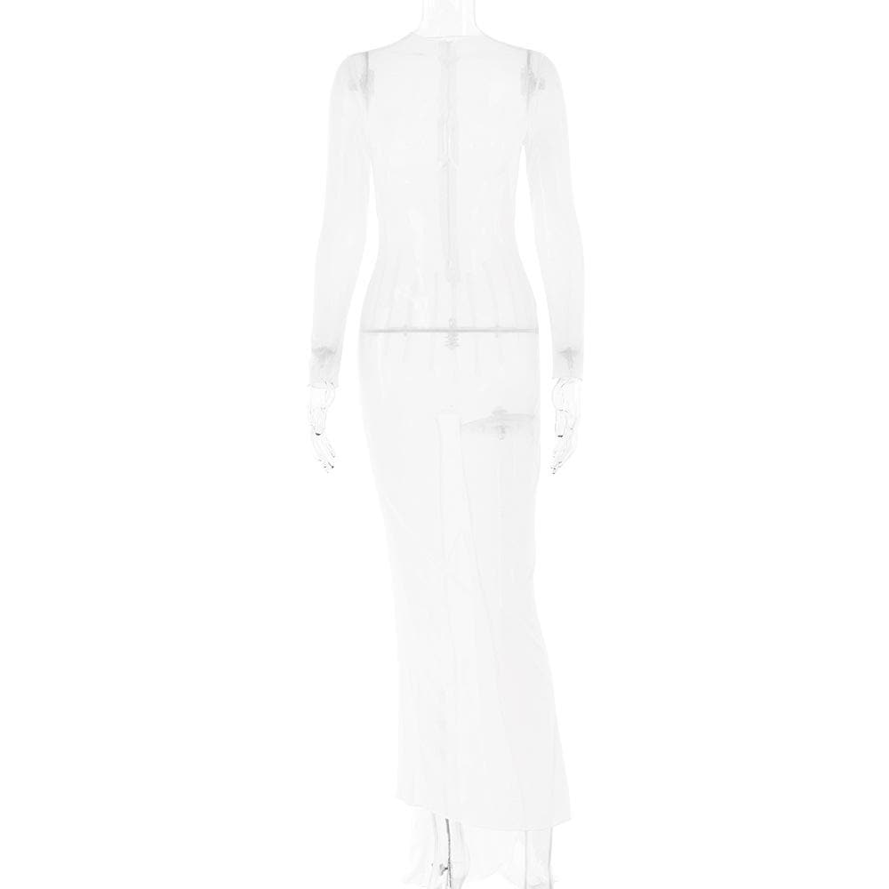 Long sleeve sheer mesh zip-up stitch maxi dress