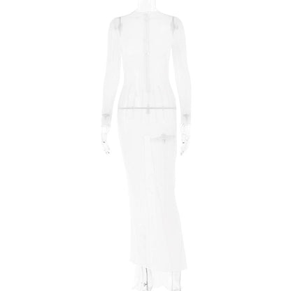 Long sleeve sheer mesh zip-up stitch maxi dress