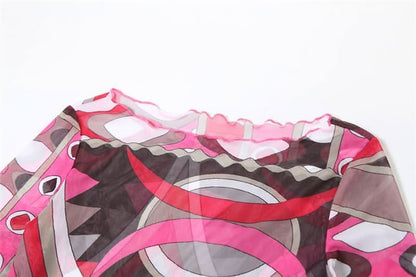 Long sleeve ruffle abstract mesh maxi dress-final-sale