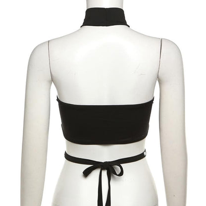 Beaded contrast halter hollow out backless crop cut out top